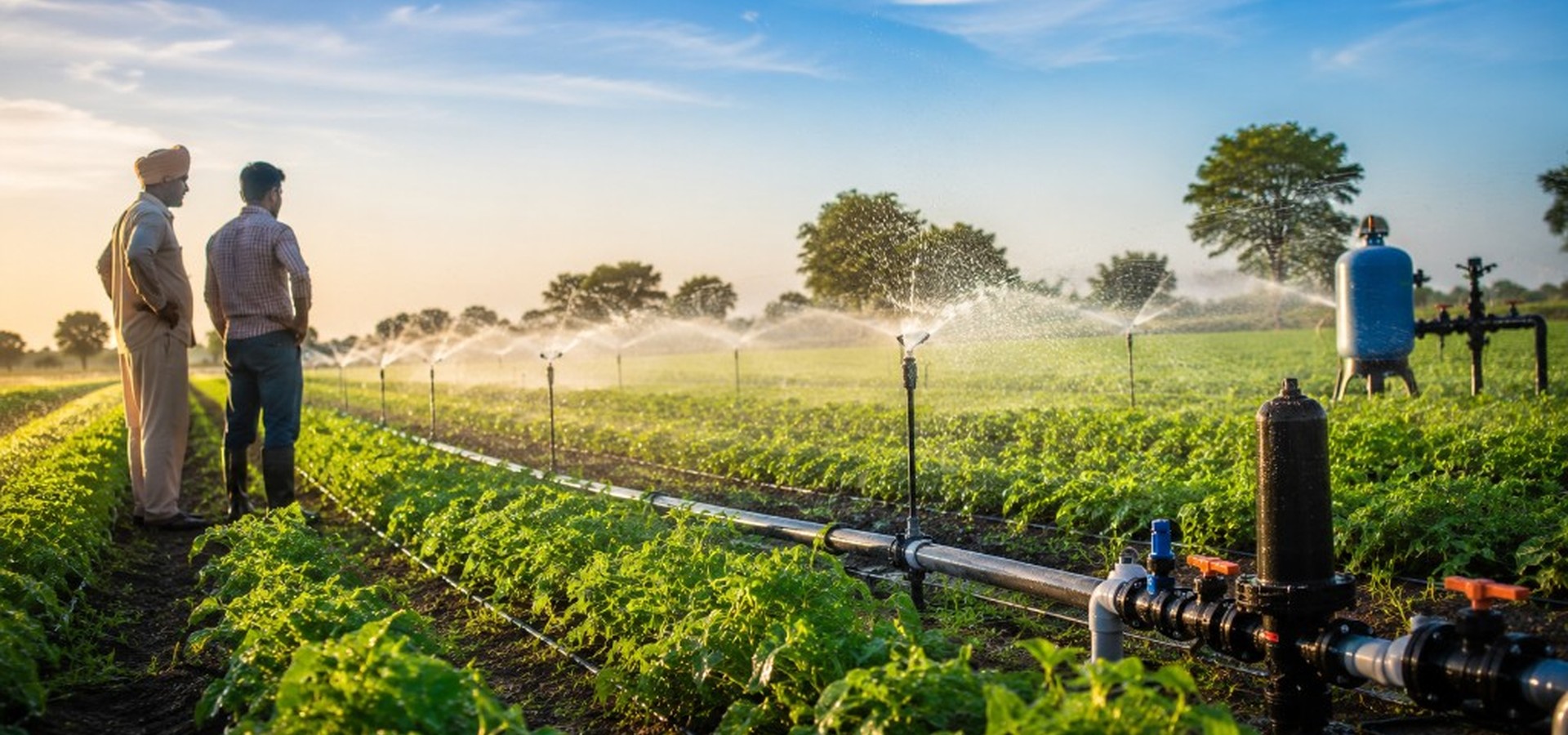 Farmers with sprinkler irrigation across green crops