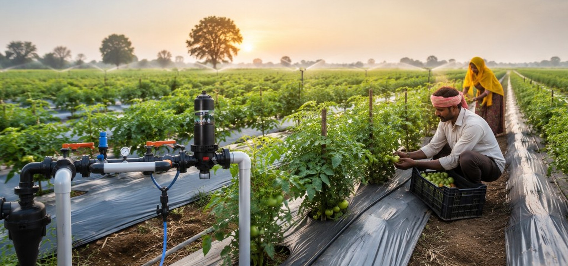 Field filtration manifold and harvest at golden hour